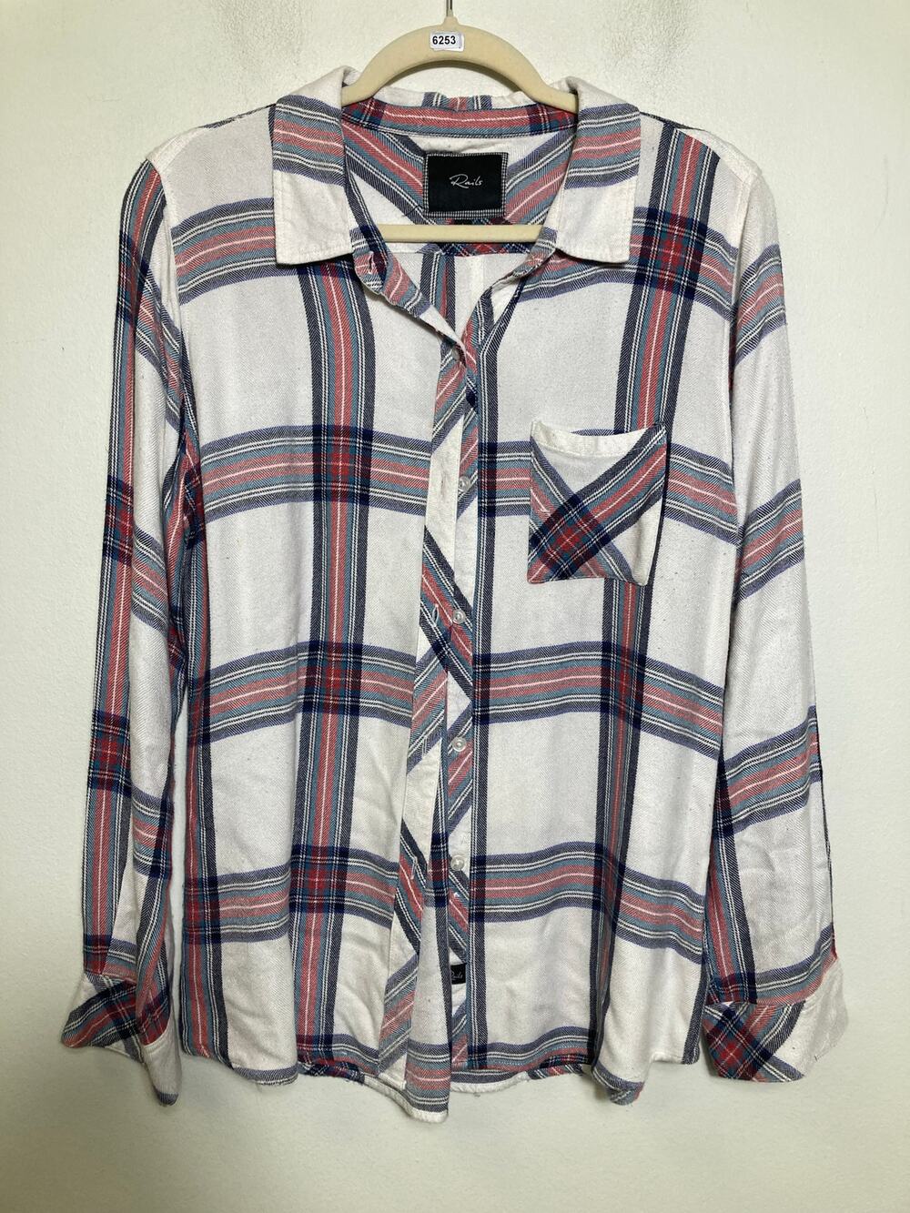 Rails White Blue Red Plaid Long Sleeve Button Up Shirt Sz L